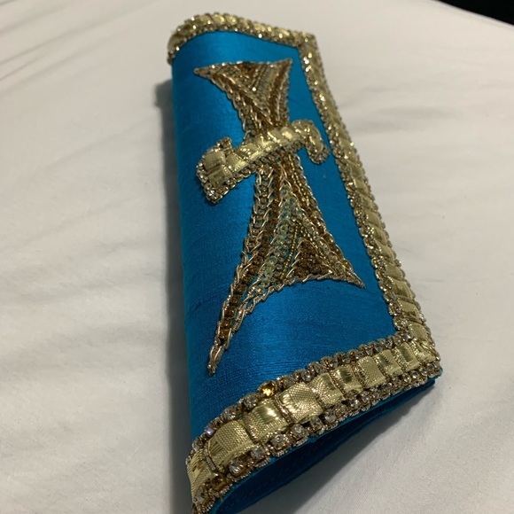 Blue & Gold South Asian Inspired Clutch- Raw Silk - Picture 3 of 12